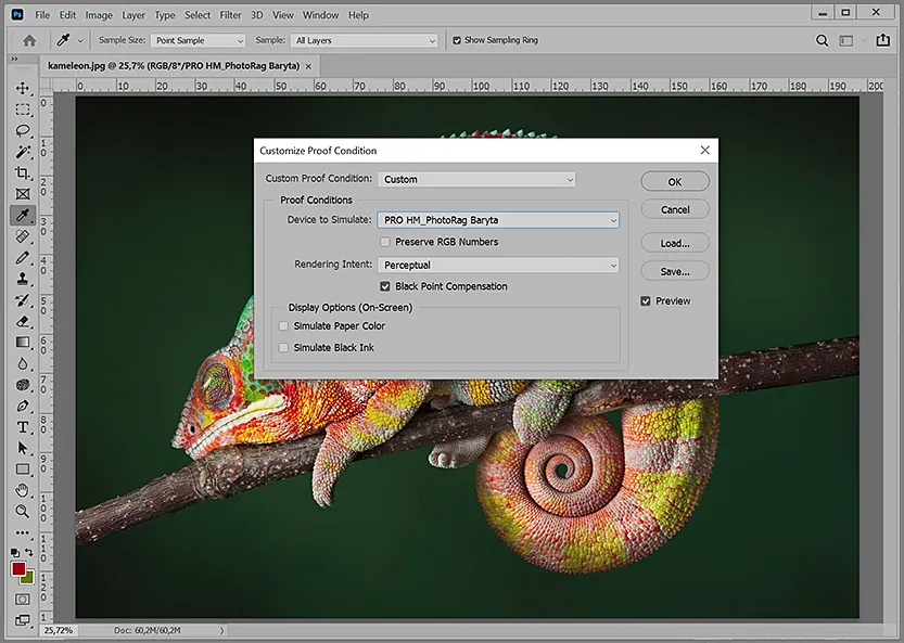 Soft proof - színprofil kiválasztása az Adobe Photoshop szoftverben